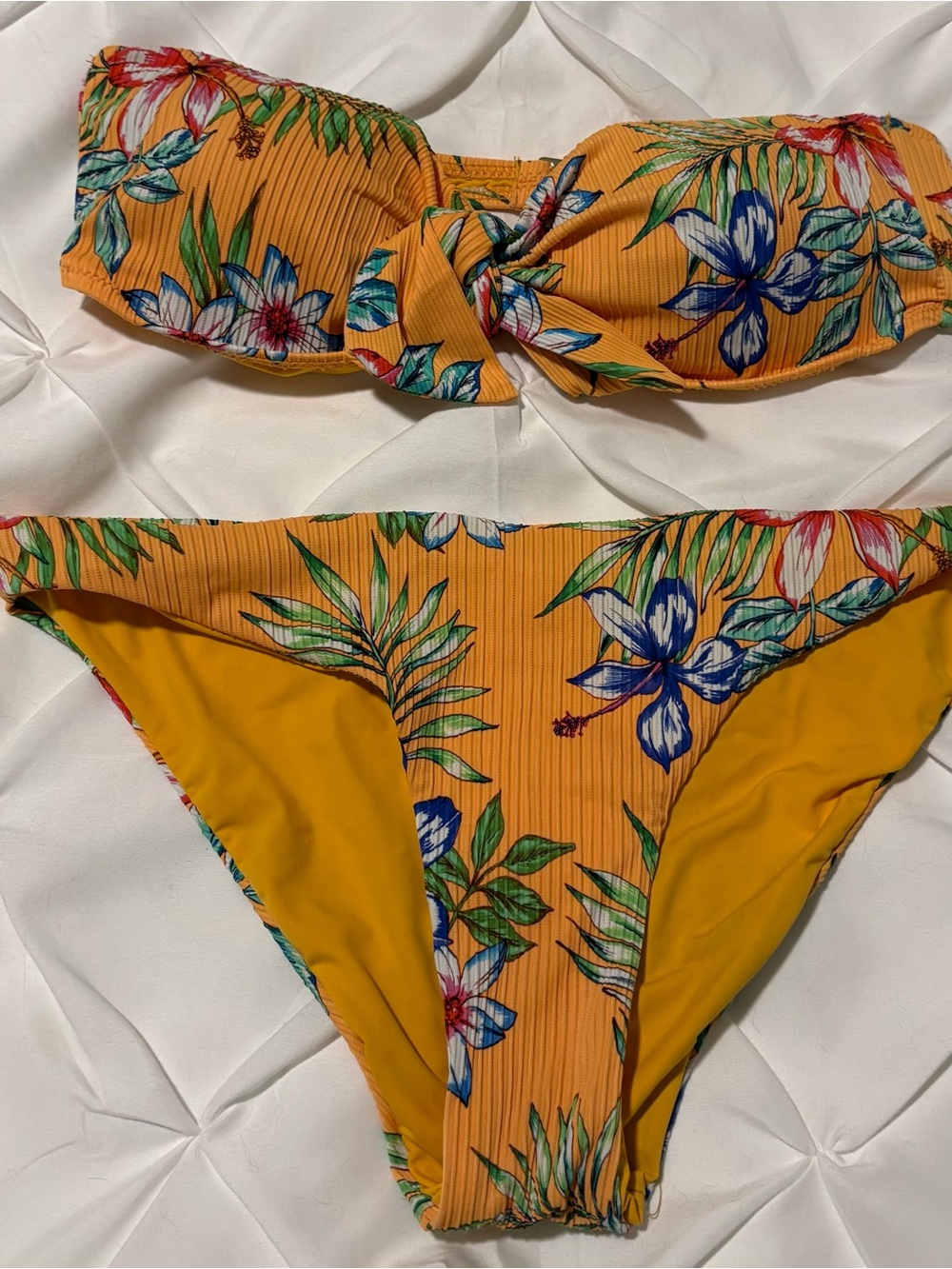 Tinibikini Yellow Ribbed Tropical Floral Bandeau Bikini, Size Small